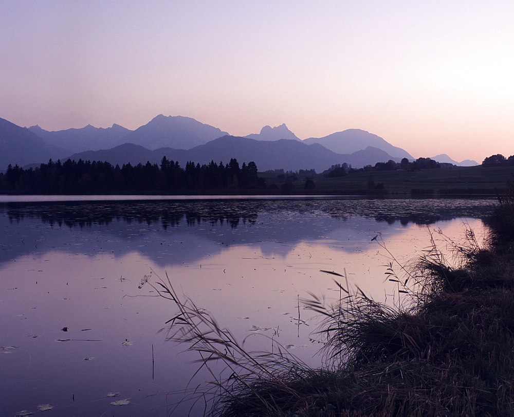 Hopfensee Lake at sunrise, near Fussen, Allgau, Bavaria, Germany, Europe