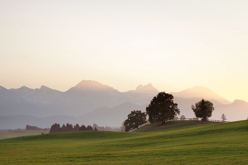 Prealps landscape at sunset, Fussen, Ostallgau, Allgau, Allgau Alps, Bavaria, Germany, Europe