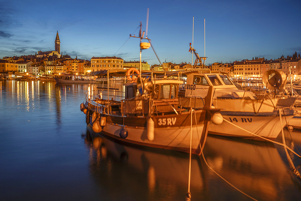 View over the harbour to the old town with Cathedral of St. Euphemia, Rovinj, Istria, Croatia