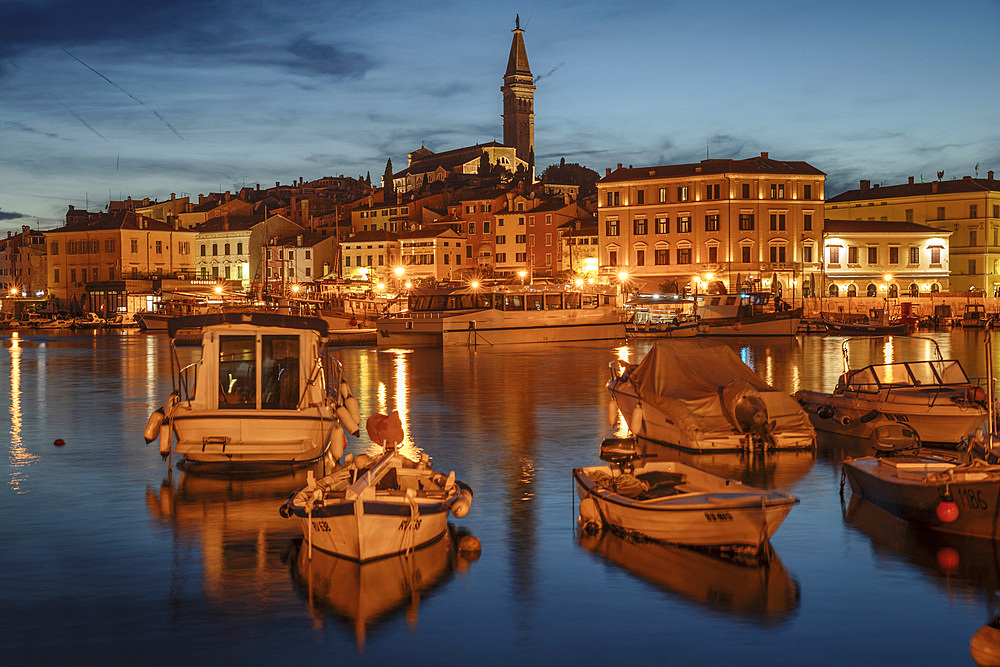 View over the harbour to the old town with Cathedral of St. Euphemia, Rovinj, Istria, Croatia