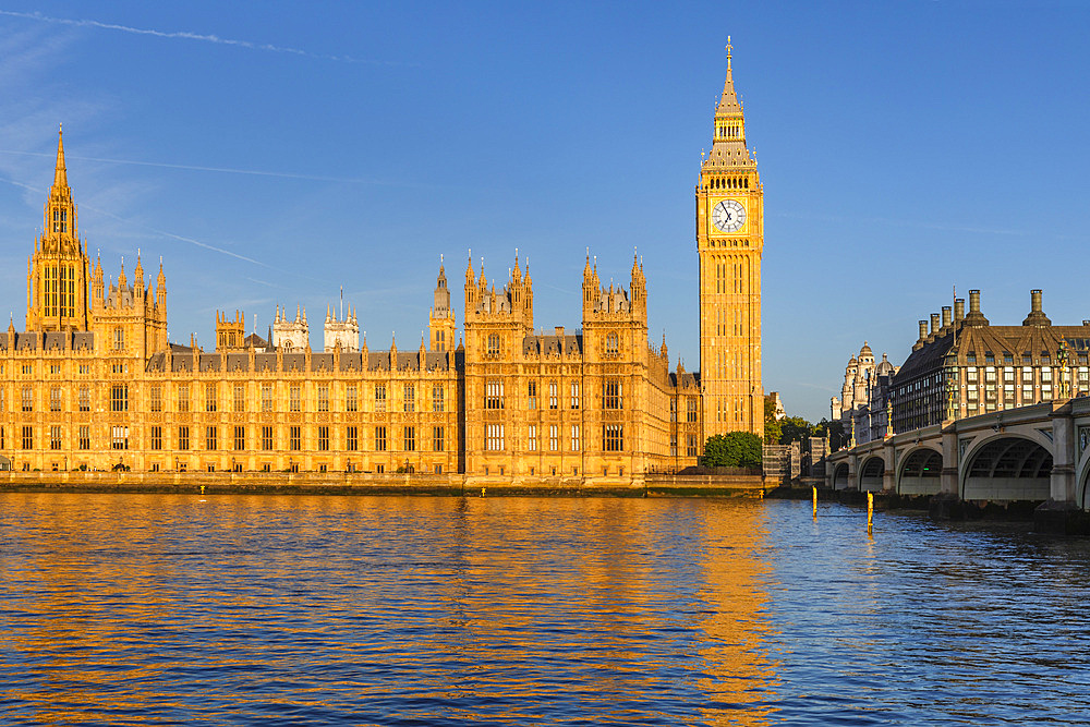 Houses of Parliament with Big Ben and Westminster Bridge, London, England