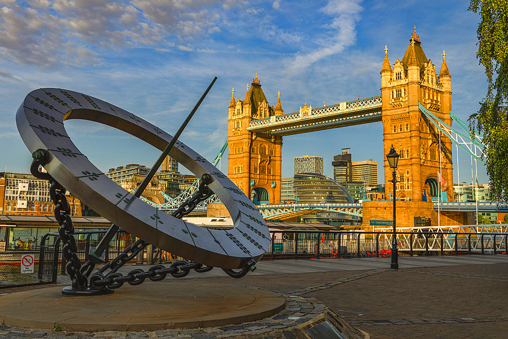 Tower Bridge and sundial, London, England,