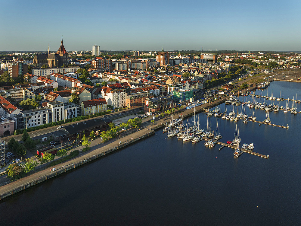 View over Warnow River to Marienkirche church, Rostock, Mecklenburg-Western Pomerania, Germany