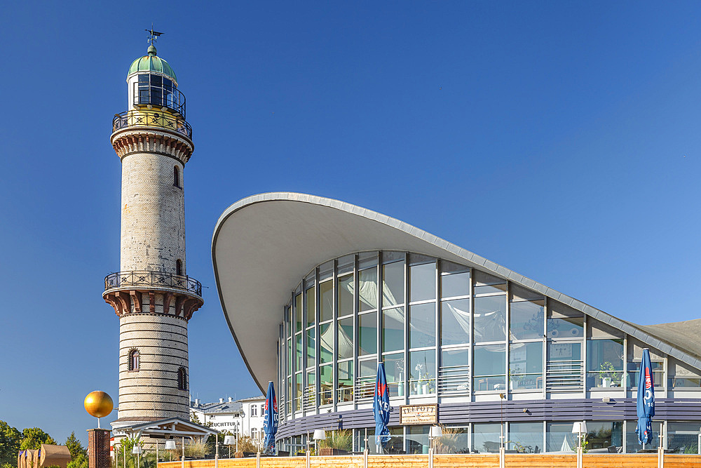 Lighthouse and Teepott building, Warnemünde, Baltic Sea, Mecklenburg-Western Pomerania, Germany