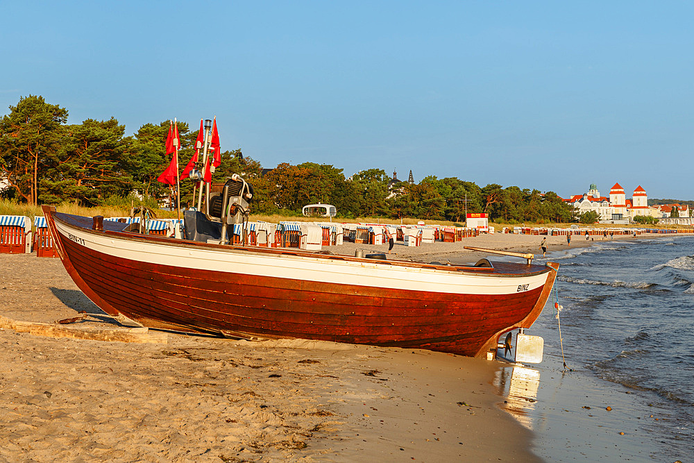Fishing boat at the beach, Binz, Ruegen Island, Baltic Sea, Mecklenburg-Western Pomerania, Germany