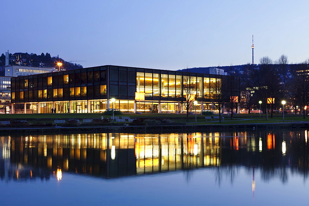 Landtag parliament house of Baden Wurttemberg and Fernsehturm television tower at night, Stuttgart, Baden Wurttemberg, Germany, Europe