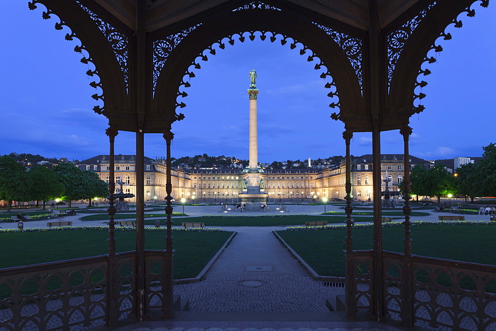 View from the pavilion over Schlossplatz square to the Neues Schloss Castle, Stuttgart, Baden Wurttemberg, Germany, Europe