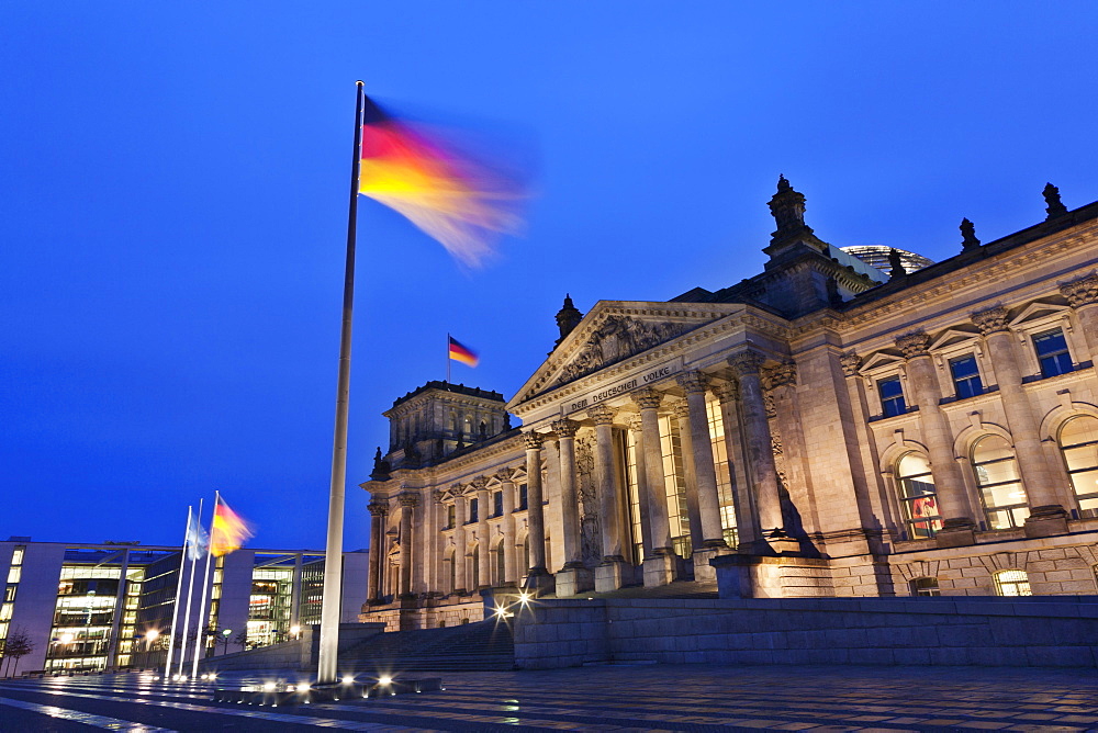 Reichstag and German flags at night, Mitte, Berlin, Germany, Europe