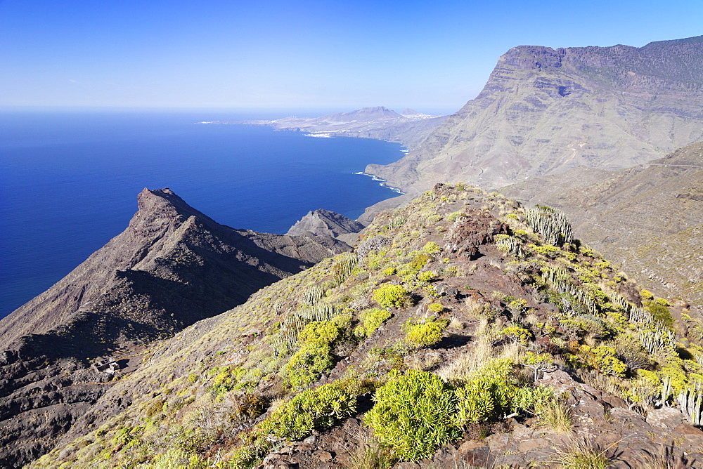 Rocky coastline, Anden Verde, West Coast with Puerto de las Nieves and Faneque Mountain, Tamadapa Natural Park, Gran Canaria, Canary Islands, Spain, Atlantic, Europe