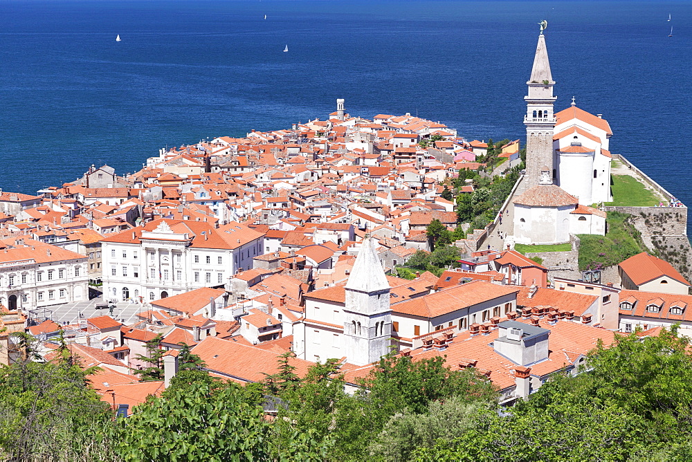 High angle view of the old town with Tartini Square, townhall and the cathedral of St. George, Piran, Istria, Slovenia, Europe