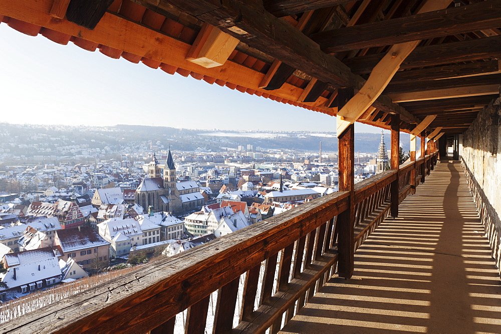 High angle view from the castle of the old town of Esslingen in winter, Baden Wurttemberg, Germany, Europe