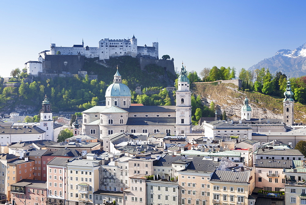 High angle view of the old town with Hohensalzburg Fortress, Dom Cathedral and Kappuzinerkirche Church, UNESCO World Heritage Site, Salzburg, Salzburger Land, Austria, Europe