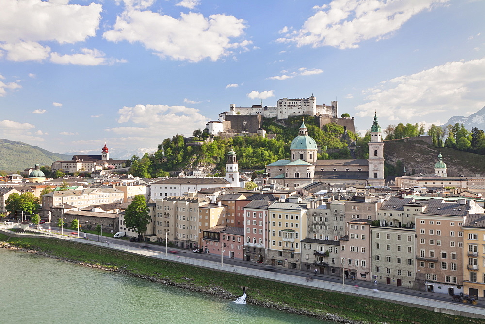 High angle view of the old town with Hohensalzburg Fortress, Dom Cathedral and Kappuzinerkirche Church, UNESCO World Heritage Site, Salzburg, Salzburger Land, Austria, Europe