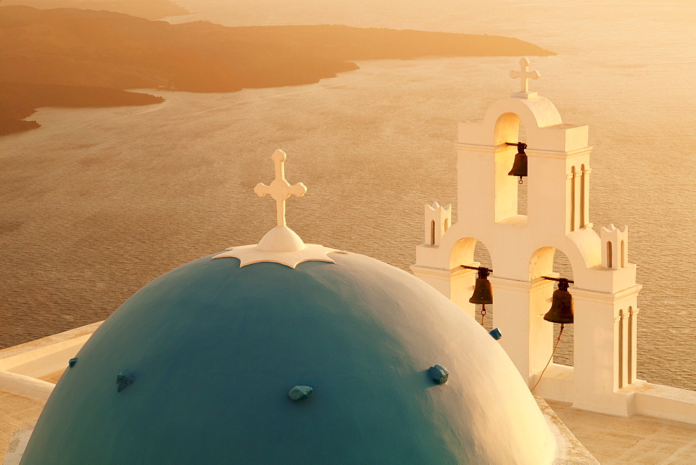 St. Gerasimos Church with blue dome at sunset, Firostefani, Santorini, Cyclades, Aegean Sea, Greek Islands, Greece, Europe 