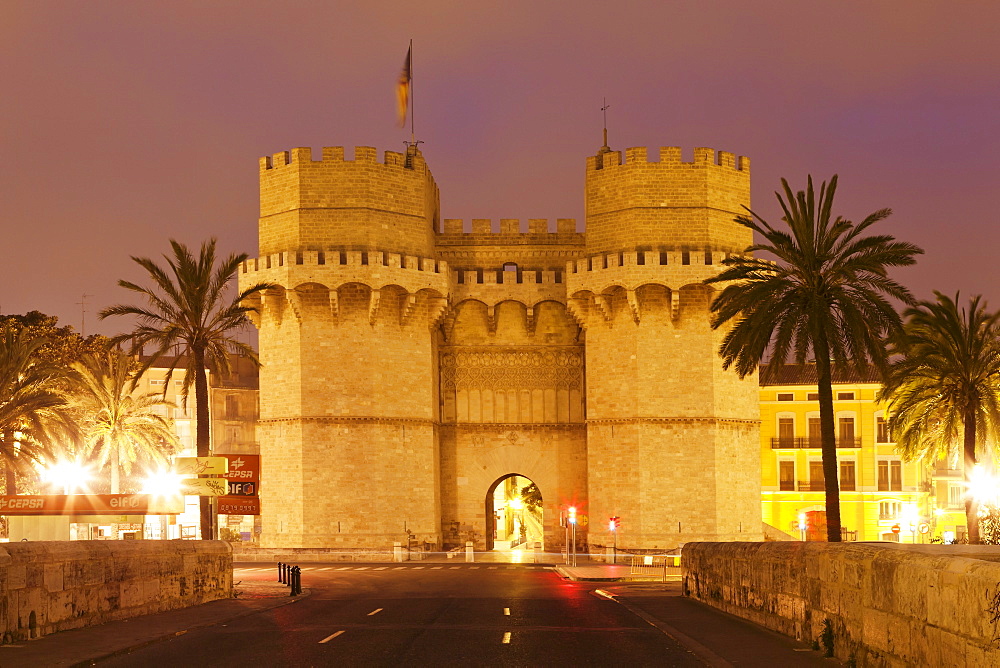 Torres de Serranos city gate at dusk, Valencia, Comunidad Valencia, Spain, Europe 