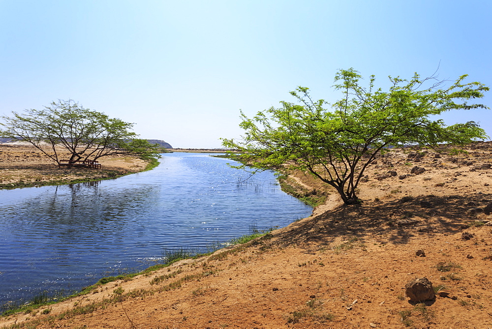 Tranquil waters of Khor Rori (Rouri), Land of Frankincense UNESCO World Heritage Site, near Salalah, Dhofar Region, Oman, Middle East