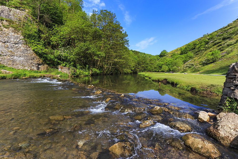 Weir, River Dove, Dovedale and Milldale in spring, White Peak, Peak District, Derbyshire Staffordshire border, England, United Kingdom, Europe