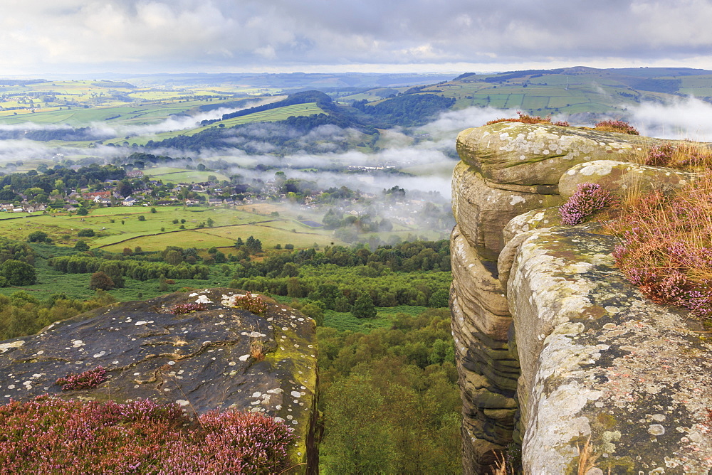 Early morning fog around Curbar village, from Curbar Edge, Peak District National Park, late summer heather, Derbyshire, England, United Kingdom, Europe