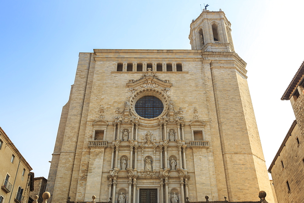 Cathedral, baroque facade from cathedral steps, City of Girona, Girona Province, Catalonia, Spain, Europe