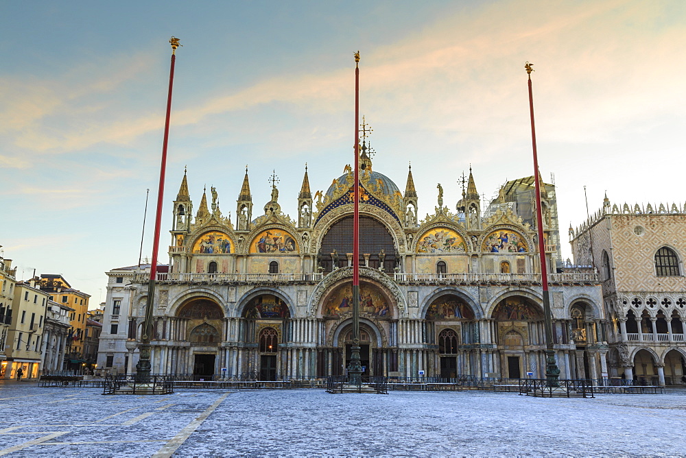 Basilica and Piazza San Marco at dawn after overnight snow, Venice, UNESCO World Heritage Site, Veneto, Italy, Europe