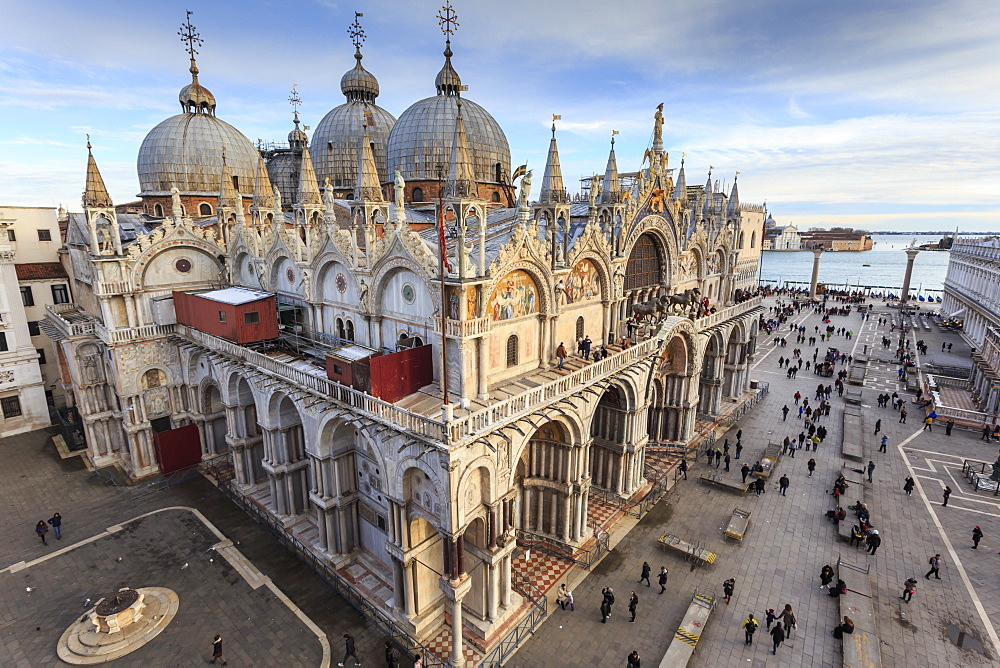 Basilica San Marco, elevated view from Torre dell'Orologio, late afternoon sun in winter, Venice, UNESCO World Heritage Site, Veneto, Italy, Europe