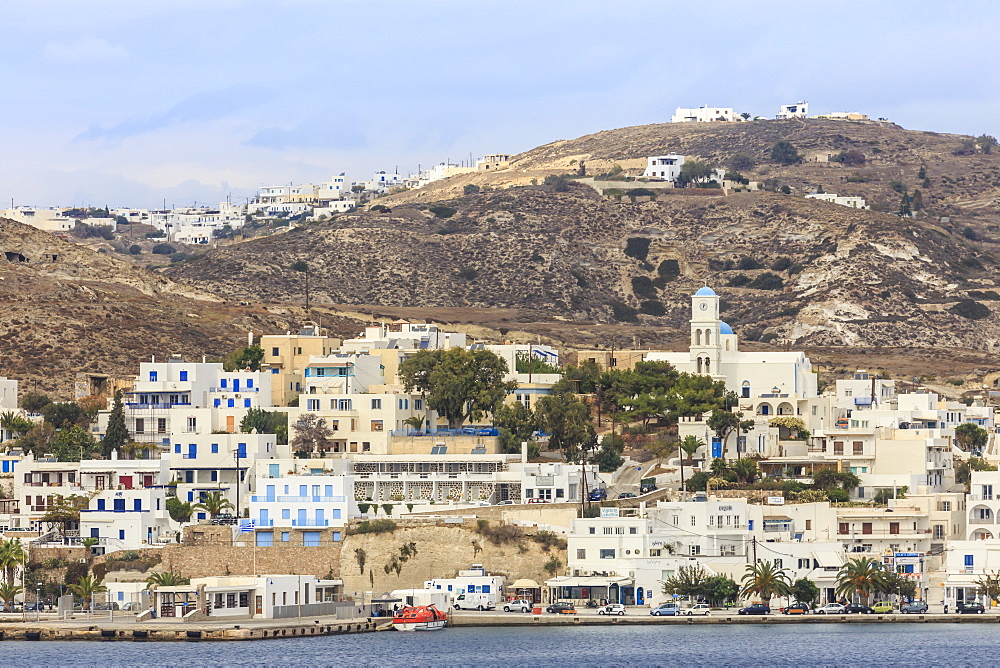 Port of Adamas (Adamantas) from the sea, Milos, Cyclades, Aegean Sea, Greek Islands, Greece, Europe