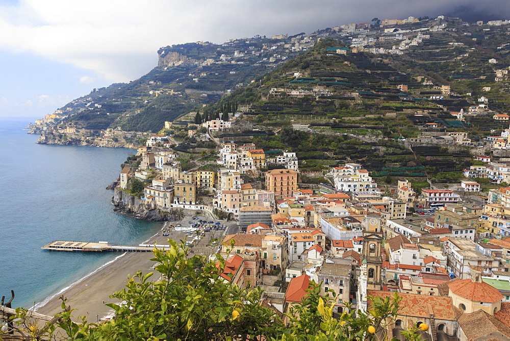 Minori, beach, cathedral, lemons and terraces, elevated view, Amalfi Coast, UNESCO World Heritage Site, Campania, Italy, Europe