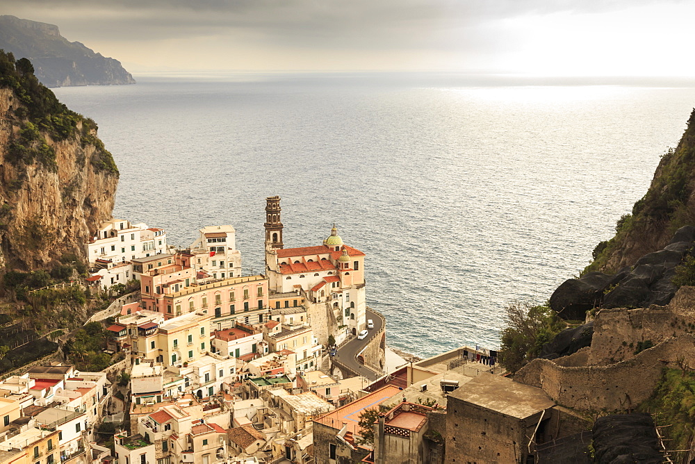 Atrani, elevated view of church, coast road and misty sea, Amalfi Coast, UNESCO World Heritage Site, Campania, Italy, Europe