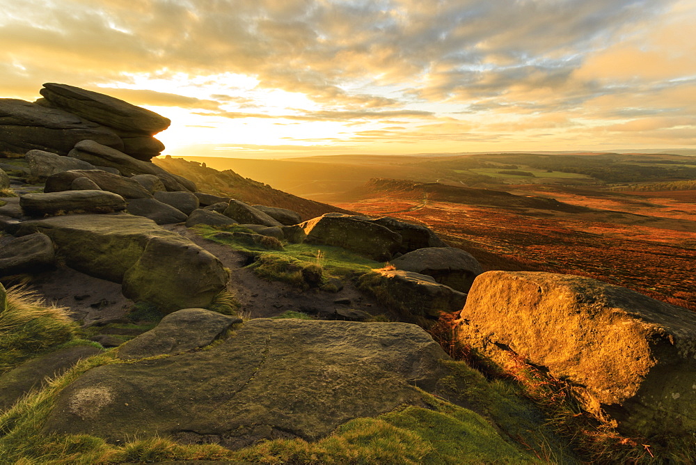 Carl Wark Hill Fort and Hathersage Moor from Higger Tor, sunrise in autumn, Peak District National Park, Derbyshire, England, United Kingdom, Europe