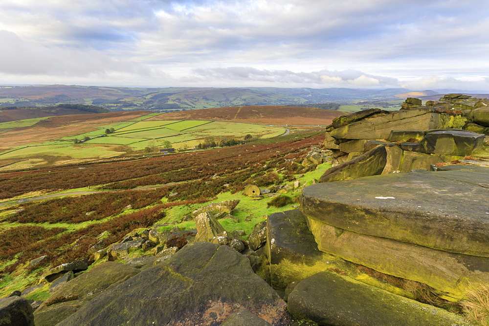 Stanage Edge and millstones in autumn, Hathersage, Peak District National Park, Derbyshire, England, United Kingdom, Europe