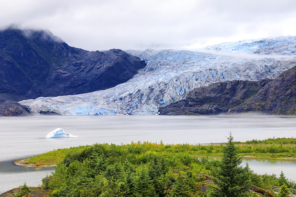 Blue iceberg, blue ice face of Mendenhall Glacier, elevated view, Visitor Centre, Tongass National Forest, Juneau, Alaska, United States of America, North America