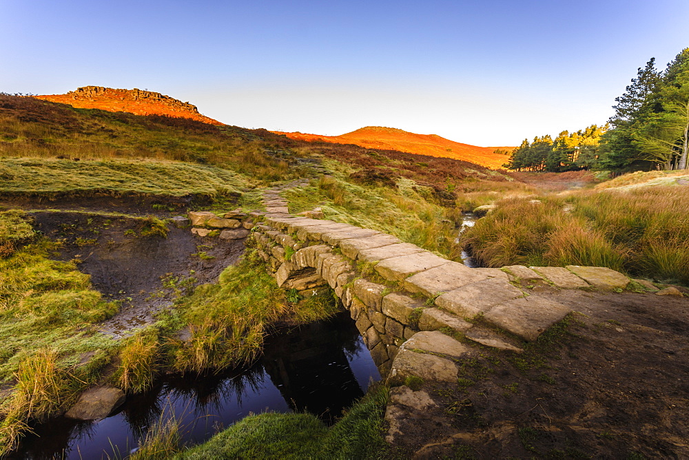 Carl Wark and Higger Tor, autumn sunrise, from Burbage Brook, Hathersage Moor, Peak District National Park, Derbyshire, England, United Kingdom, Europe