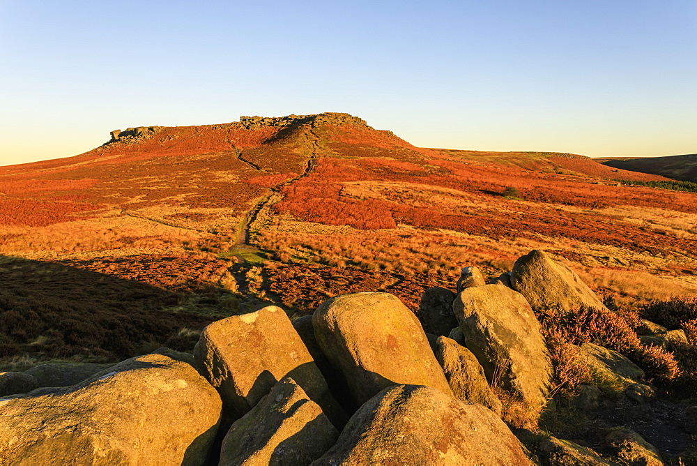 Higger Tor, autumn sunrise, Hathersage Moor, from Carl Wark Hill Fort, Peak District National Park, Derbyshire, England, United Kingdom, Europe