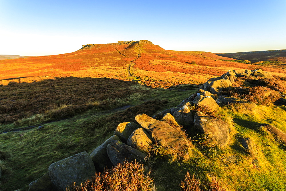 Higger Tor, sunrise in autumn, Hathersage Moor, from Carl Wark Hill Fort, Peak District National Park, Derbyshire, England, United Kingdom, Europe