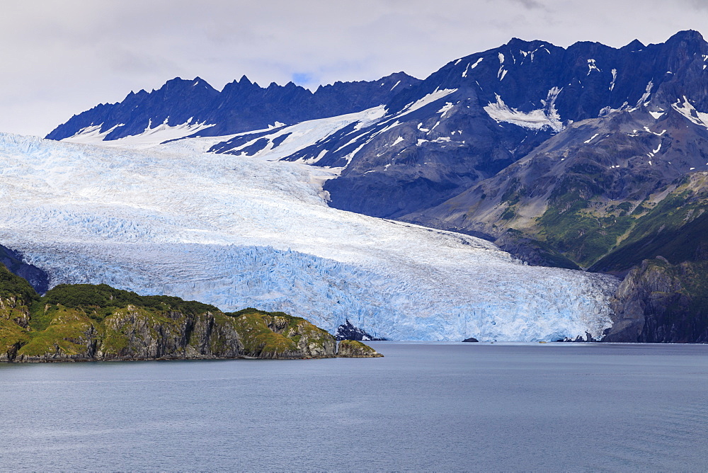 Aialik Glacier, mountains, island and blue ice, Harding Icefield, Kenai Fjords National Park, near Seward, Alaska, United States of America, North America