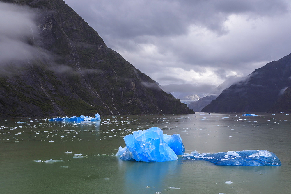 Tracy Arm Fjord, clearing mist, brilliant blue icebergs, cascades and glimpse of the South Sawyer Glacier, Alaska, United States of America, North America