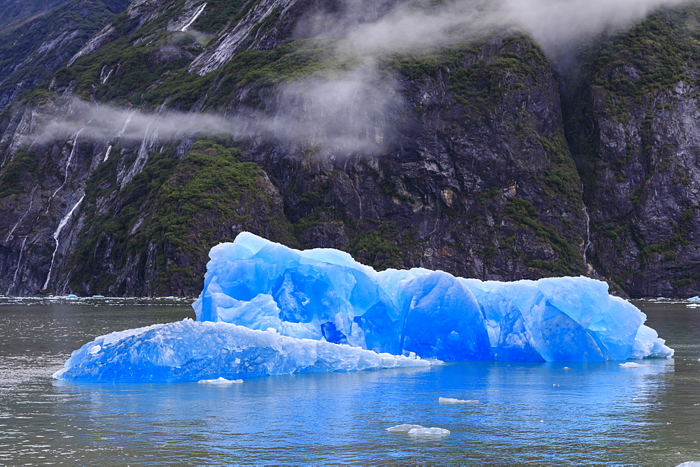 Tracy Arm Fjord, clearing mist, blue icebergs and cascades, near South Sawyer Glacier, Alaska, United States of America, North America