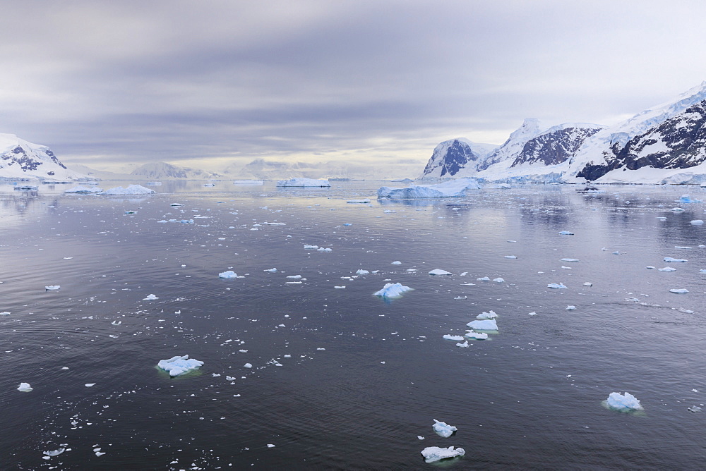 Atmospheric iceberg, mountain and glacier reflections, Neko Harbour, Andvord Bay, Graham Land, Antarctic Peninsula, Antarctica, Polar Regions