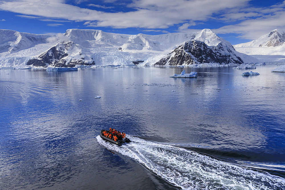 Early morning on a gorgeous day, elevated view of zodiac boat in Neko Harbour, Andvord Bay, Antarctic Continent, Antarctica, Polar Regions