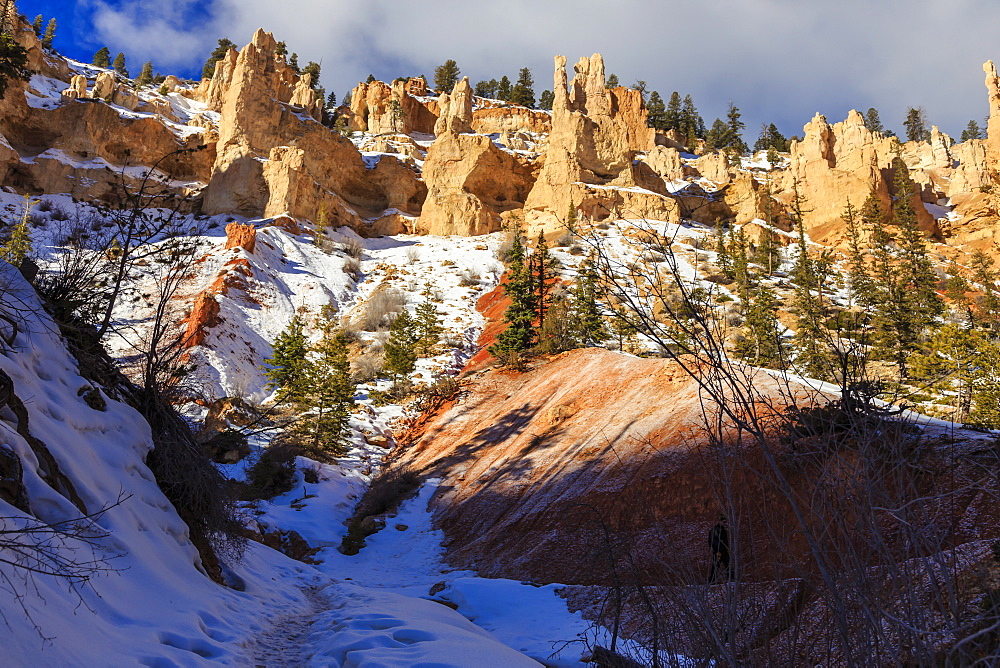 Snowy cliffs from Peekaboo Loop Trail, Bryce Canyon National Park, Utah, United States of America, North America