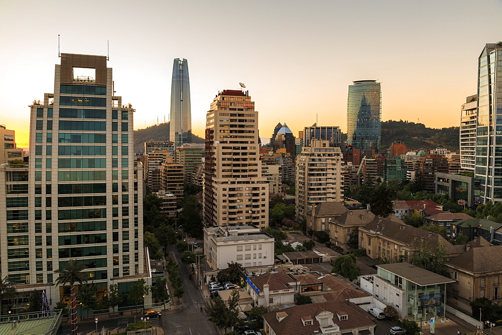 Sunset, Sanhattan and Gran Torre Santiago, South America's tallest building, from El Golf area, Las Condes, Santiago, Chile, South America