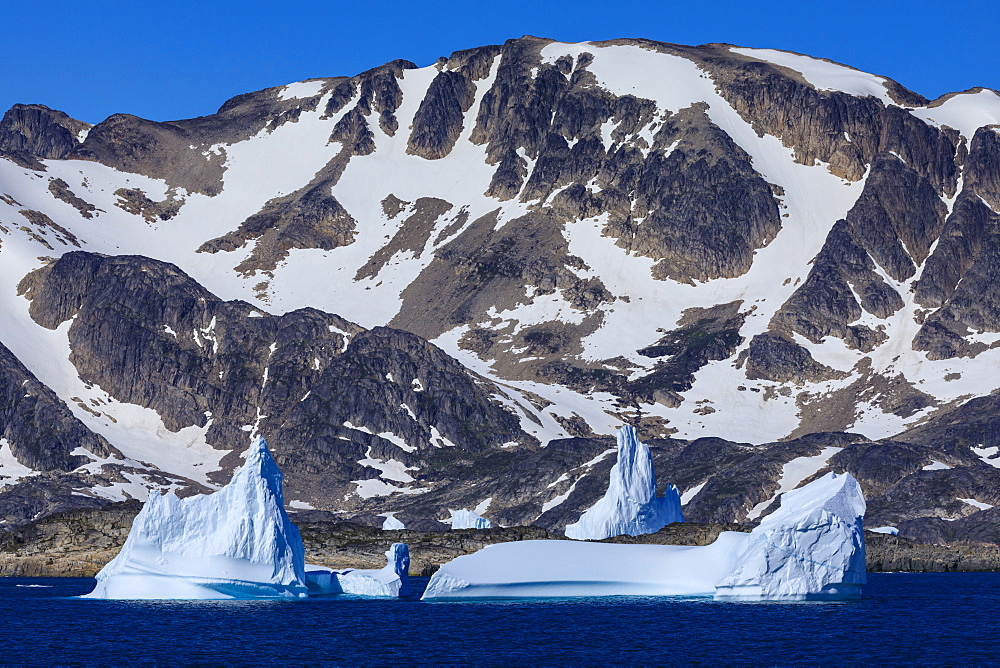 Icebergs, sculptured shapes, King Frederick VI coast at Skjoldungen Fjord, glorious weather, remote South East Greenland, Denmark, Polar Regions