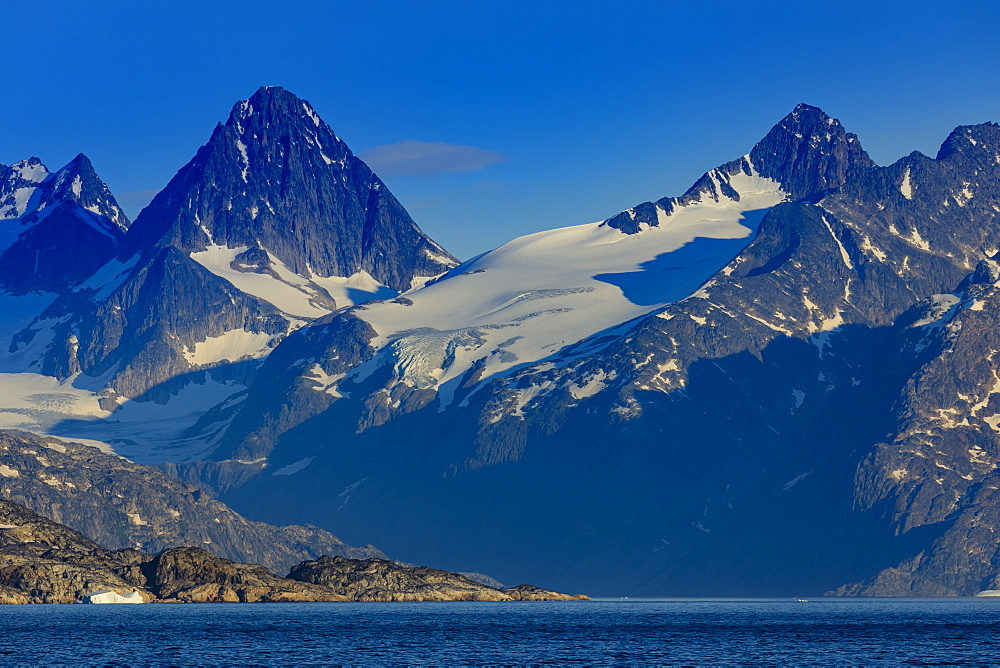 Entrance to Skjoldungen Fjord, Skjoldungen Island, early morning, King Frederick VI Coast, remote South East Greenland, Denmark, Polar Regions