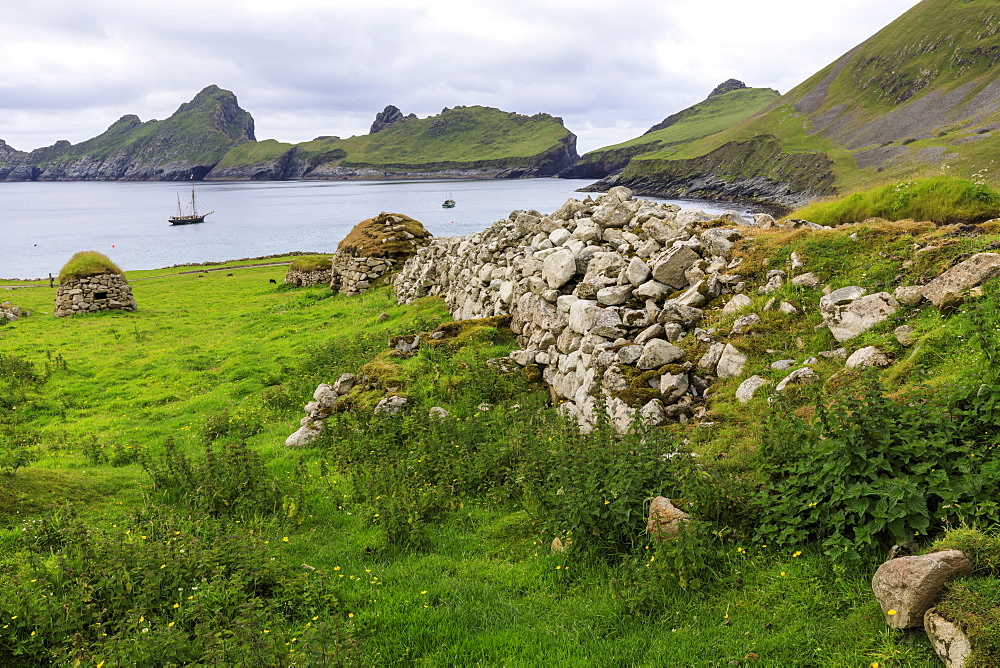 Cleits, food stores and Village Bay, evacuated village, Hirta, remote St. Kilda Archipelago, UNESCO World Heritage Site, Outer Hebrides, Scotland, United Kingdom, Europe