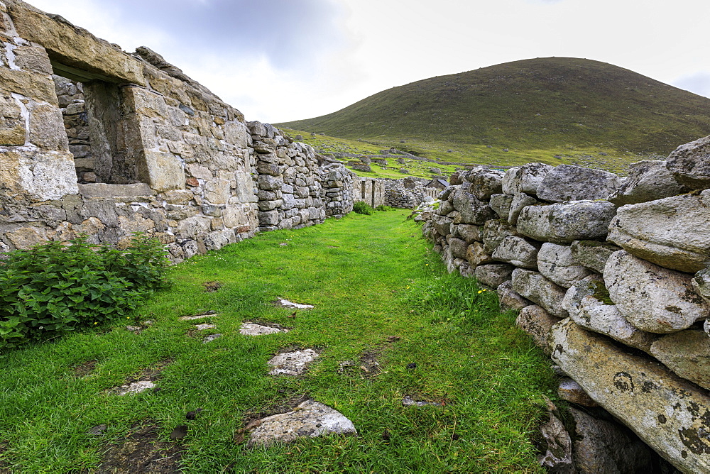 Main Street, evacuated village, Hirta, remote St. Kilda Archipelago, UNESCO World Heritage Site, Outer Hebrides, Scotland, United Kingdom, Europe