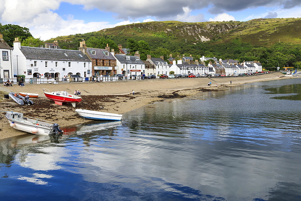 Cottages and boats by Loch Broom in Ullapool, Scotland, Europe