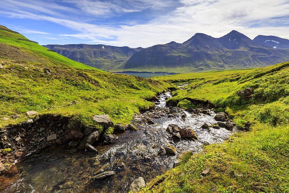 Stream in Hvanneyrarskal, Iceland, Europe