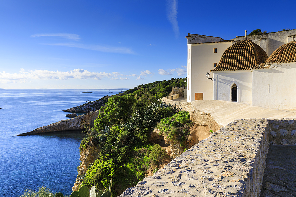 Coastal view from the ramparts, walls of Dalt Vila old town, UNESCO World Heritage Site, whitewashed church, Ibiza Town, Balearic Islands, Spain, Mediterranean, Europe