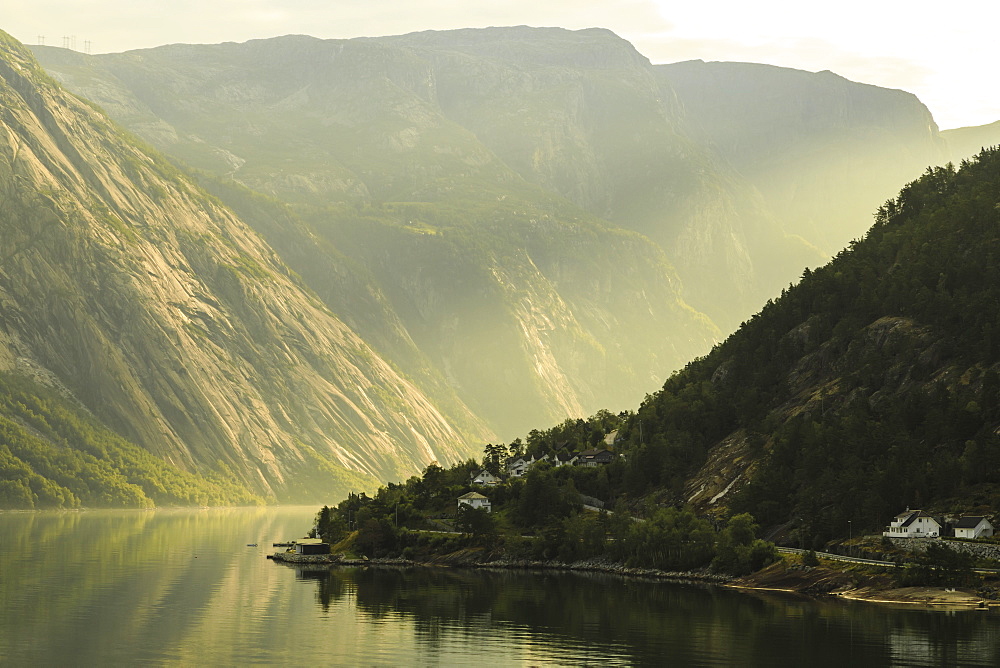 Beautiful Eidfjord, morning mist, fjord reflections, Hardangerfjord, Norwegian Western Fjords, Norway, Scandinavia, Europe