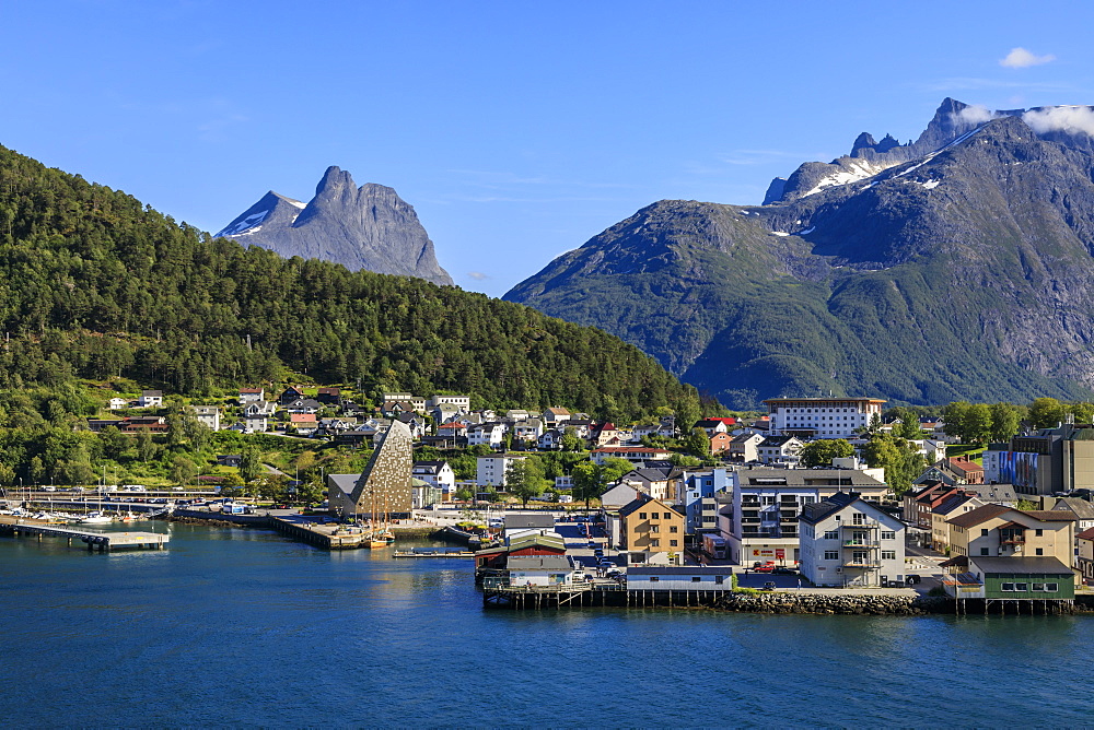 Andalsnes, town, mountains, elevated view from cruise ship on Romsdalsfjord (Romsdal Fjord), Summer, More og Romsdal, Norway, Scandinavia, Europe